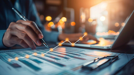 hand bussinesman pen paper hologram chart turn and down analyzing graphs and chart in office