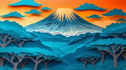 Create a paper-cut illustration of a mountain landscape