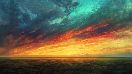 Fototapeta premium A painting of a sunset with a large cloud in the sky