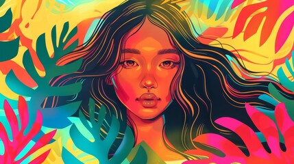 vibrant tropical waves and asian patterns framing pacific islander girl aapi heritage month