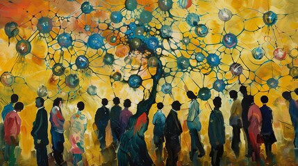 Naklejka premium A painting of a tree with many people around it