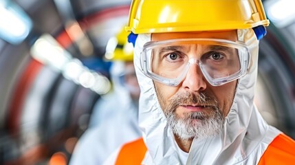 Biologist in protective suit conducting scientific experiments in a specialized research laboratory