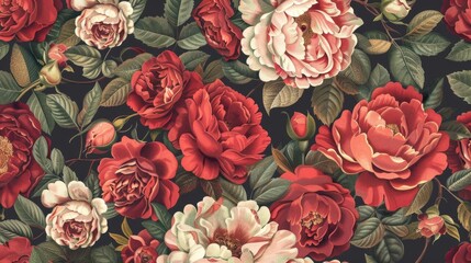 vintage floral seamless pattern with embroidered peonies and roses on fabric digital illustration
