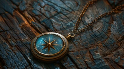 mysterious amulet rests on old wooden table, evoking mystical vibes with space for text