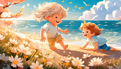 Two children playing on the Beach on a sunny day
