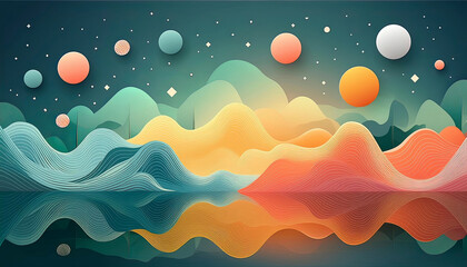 Brightly colored background illustration of balls and waves