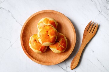 Bakpia or Kue Pia, is one of indonesian food made from a mixture of green beans and sugar, which is wrapped in flour, then baked