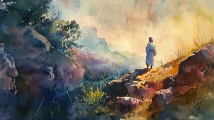 watercolor illustration of jesus temptation in the wilderness biblical scene religious painting