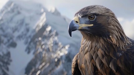 Obraz premium Close-up of an eagle against the backdrop of snow-covered mountains in winter. generative AI image