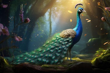 Fototapeta premium Vibrant peacock, a stunning display of nature's beauty, showcasing the colorful plumage and elegant presence of this majestic, a symbol of grace and elegance.