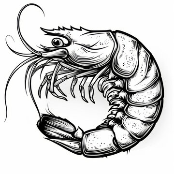 recommend clip art: Artistic illustration of a shrimp in black and white, featuring intricate detailing and dynamic pose.