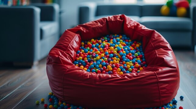 A red bean bag filled with colorful balls