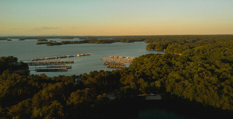 Beautiful aerial view of Marina at Lake Lanier shot during golden hour in Buford, GA, USA