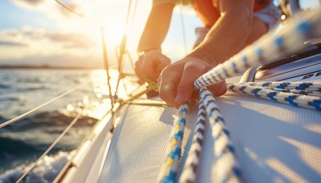 Sailor s hands maneuvering ropes on sail  precision in summer olympic games sport
