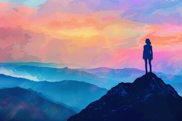 empowered silhouette of a confident woman on a mountain at pastel sunset digital art