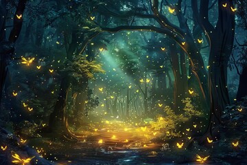 enchanting fireflies illuminating a mystical forest at night fantasy digital painting