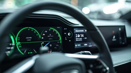 The dashboard of a car is lit up with green numbers and symbols