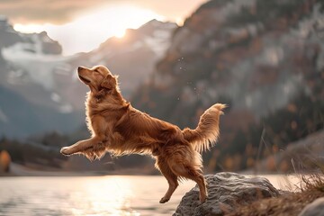 graceful golden retriever leaping at sunset by mountain lake animal photography