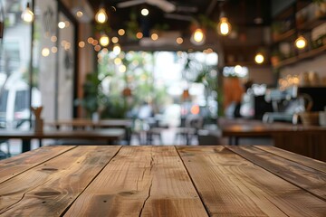 blurred coffee shop interior with wooden table in foreground bokeh background with copy space