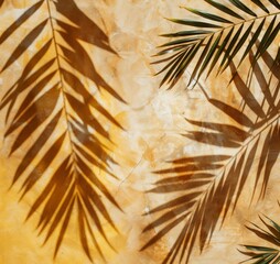 Obraz premium Palm leaf casts shadow on a wall. Summer banner. Generative AI.