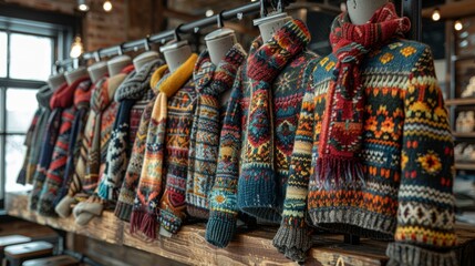 Fototapeta premium winter handmade knits, winter fashion display: handmade knitted sweaters and scarves offer unique and cozy options for staying stylish and warm