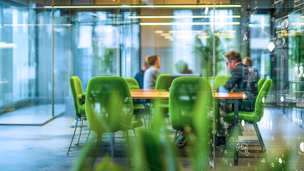 Futuristic office space with digital overlays on natural greenery, business professionals at work, blending technology with ecology