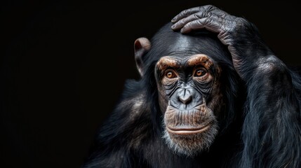 chimpanzee with a hand on its head against a black background 