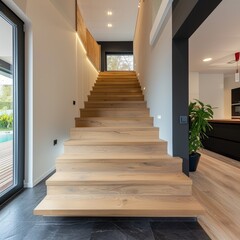 Contemporary interior design showcasing an elegant ash wood staircase in a modern home setting