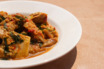 Close Up of Ayam Rica Rica. Traditional dish from Manado, Indonesia, boiled chicken with the addition of tofu and using spicy spices and garnish served on a white plate