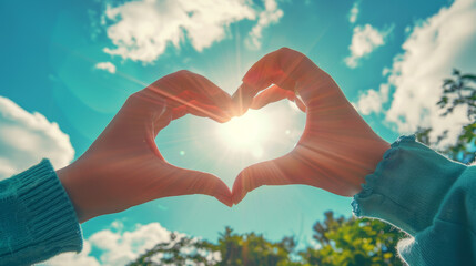 Heart-shaped hands framing a sunny sky, symbolizing hope and positivity in health care, vibrant colors