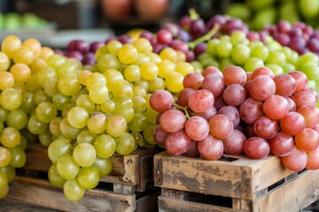 Vibrant grapes in wooden crates  cozy warehouse setting for rustic food advertisement