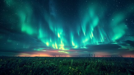 northern lights meadow, a mesmerizing summer night in the north: dazzling aurora borealis dancing over a lush green meadow under the starry sky