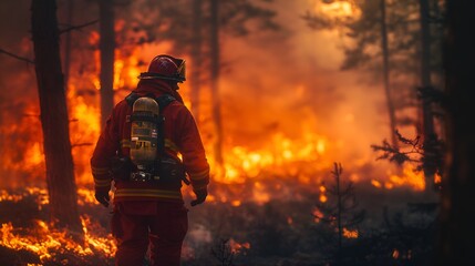 Fototapeta premium Brave Professional Firefighter Battling Intense Wildfire: A Tribute to First Responders, Brave Firefighters Tackling Massive Forest Fire: A Salute to Our First Responders, Firemen Crew Working