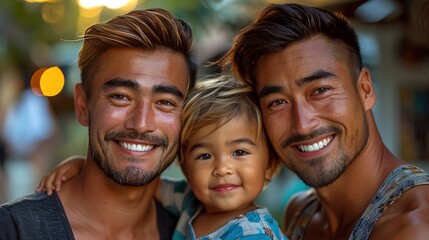 Fototapeta premium Happy couple of gay men with their son in their arms