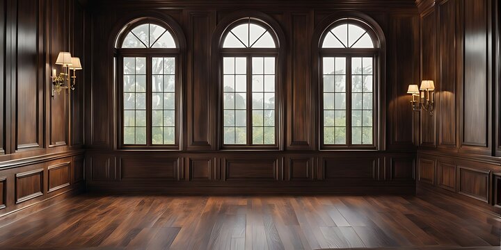  empty room with dark wood paneling and window, Luxury wood paneling background or texture. highly crafted classic or traditional wood paneling, with a frame pattern 