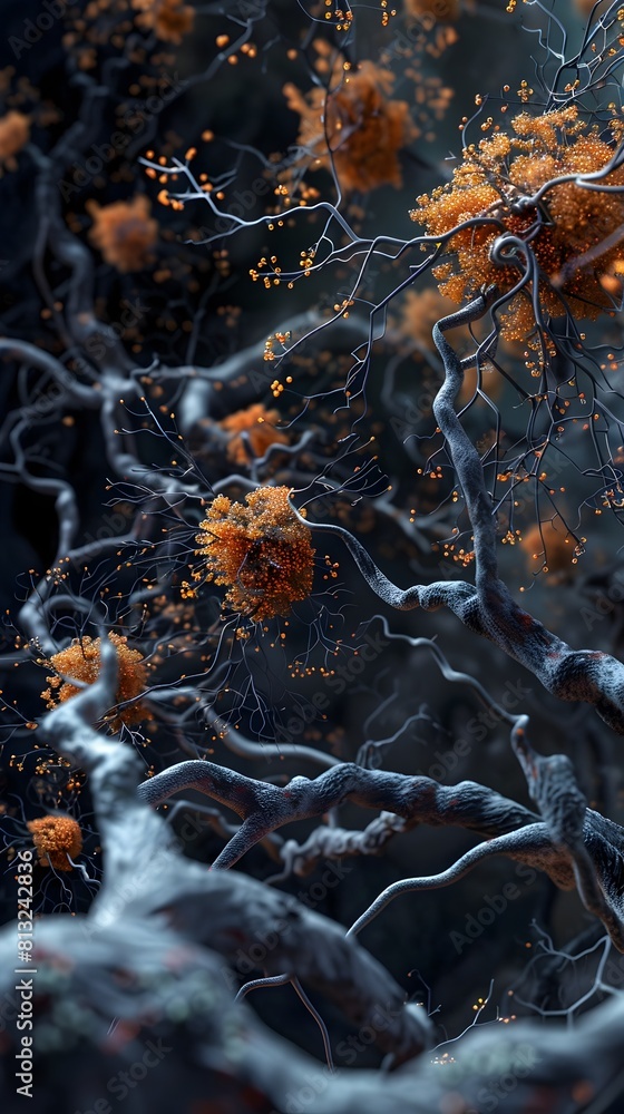 Poster intricate neural network biological structures in digital surrealism