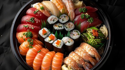 Illustrate a topdown view of a sushi platter, with delicate pieces neatly arranged, set against a black background with room for text - obrazy, fototapety, plakaty