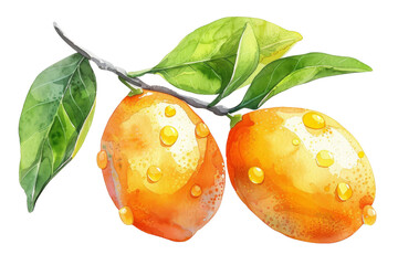 watercolor painting of ripe kumquats with leaves, isolated on transparent background watercolour PNG transparent background 