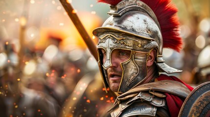 Naklejka premium Roman soldier with blood and helmet in battle in ancient times in high resolution
