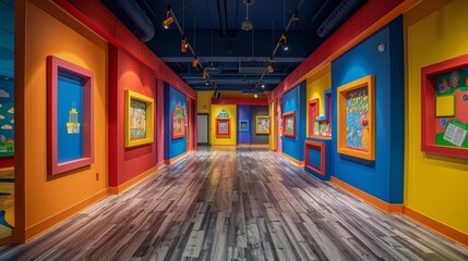 Imagine a childrens museum with colorful frames on the walls, each displaying a mockup of educational art - obrazy, fototapety, plakaty