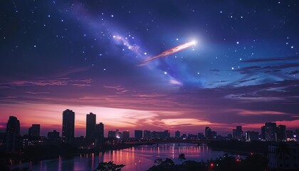 Imagine a city skyline with a large, bright comet visible above, its presence aweinspiring to the onlookers below - obrazy, fototapety, plakaty