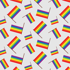 Colorful seamless pattern with LGBT symbols. Lesbians, gays, bisexuals, transsexuals. LGBT holiday colors, flag, heart, rainbow. Cartoon texture on a gray background for decoration and print.