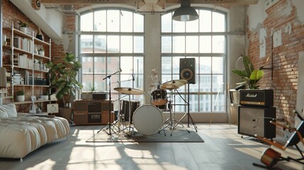 Establishing Shot: Music Rehearsal Studio in Loft Room with Drum Set in the Middle of It. Stylish Interior with Two Big Windows