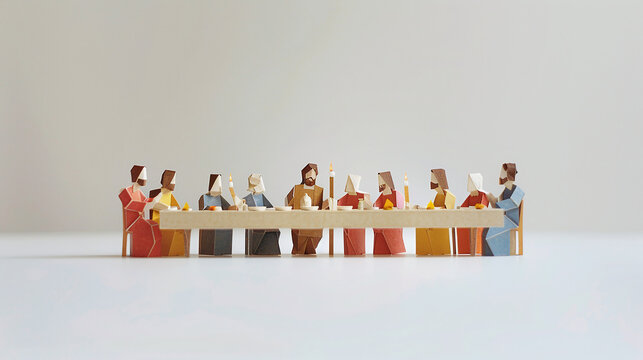 macro tilt-shift photography of tiny cardboard figure Jesus Christ at the last supper with his 12 disciples, on white background, biblic moment depict