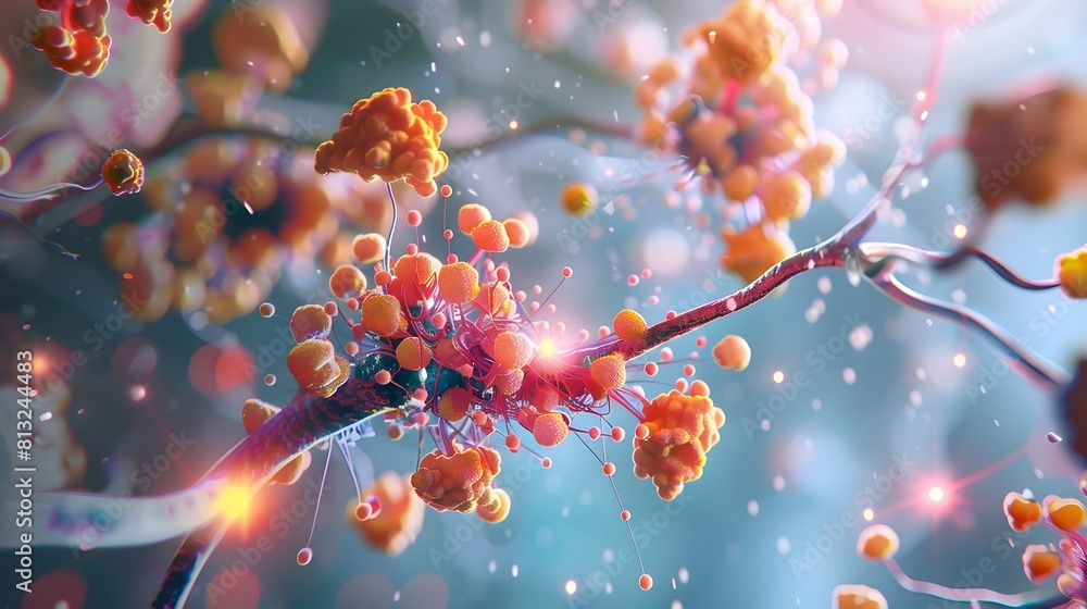 Poster a 3d rendered of molecular interactions between insulin and neurotransmitter receptors in the brain