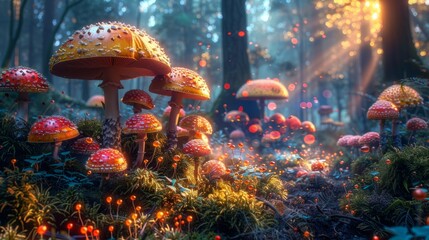 vibrant colors of wild mushrooms in diverse forest, embodying the beauty of natures untamed essence