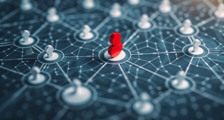 Network of business people connected by lines with one person highlighted and shown as the target, symbolizing success in customer trust through marketing focus.