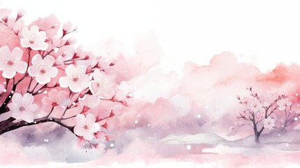 Serene Watercolor Painting of Cherry Blossoms in Full Bloom
