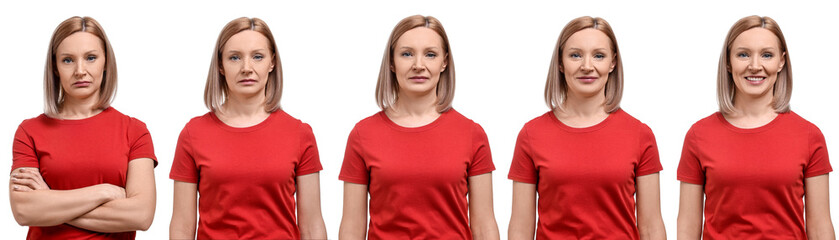Woman showing different emotions on white background, collage of photos