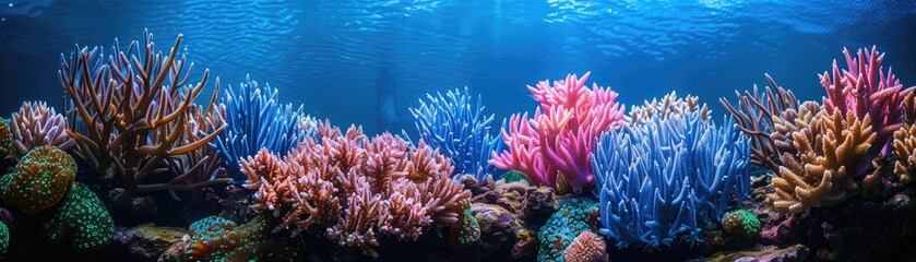 Naklejka premium The captivating allure of a coral reef is mirrored by the underwater corals displaying a range of blues and pinks
